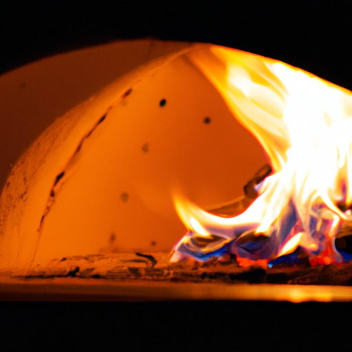1. תמונה של תנור פיצה עם אש זוהרת מאחור, מוכן לאפייה.